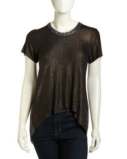 High Low Mesh Back Shimmer Top, Black Foil