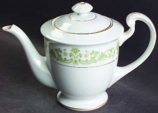 Style House Contessa Green Teapot & Lid, Fine China Dinnerware   Green Scrolls,