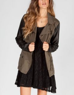 Faux Leather Sleeve Womens Twill Anorak Jacket Olive In Sizes Medium,