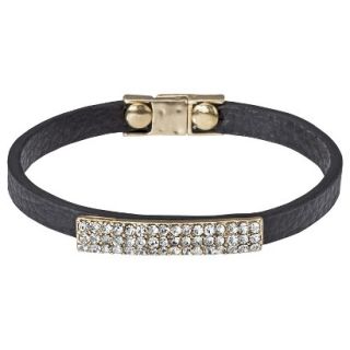 Faux Leather Bracelet with Rhinestone Bar Accent   Black/Gold