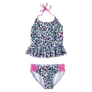Girls 2 Piece Peplum Leopard Spot Tankini Swimsuit Set   White XS