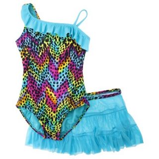 Girls 1 Piece Leopard Spot Swimsuit and Skirt Set   Aqua XS