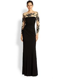 David Meister Embroidered Illusion Gown   Black