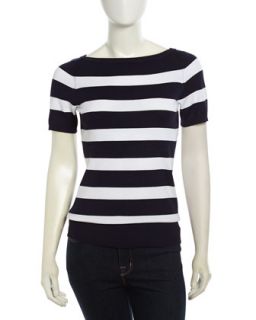 Short Sleeve Stripe Knit Tee, Navy/White