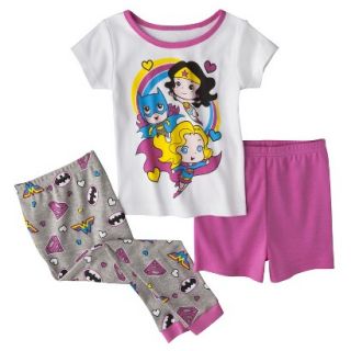 Justice League Toddler Girls 3 Piece Short Sleeve Pajama Set   White 2T