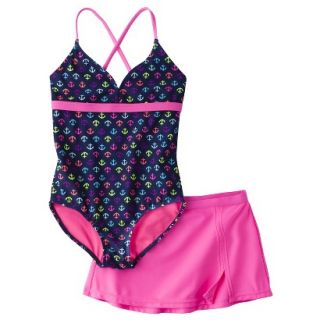 Girls 1 Piece Anchor Swimsuit and Short Set   Night Sky L