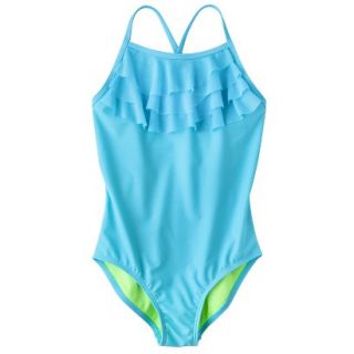 Girls 1 Piece Ruffled Swimsuit   Aqua S