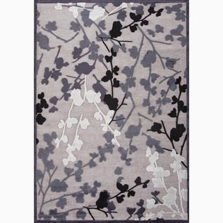 Hand made Floral Pattern Gray/ Black Art Silk/ Chenille Rug (9x12)