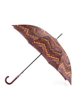 Valeria Chevron Print Crook Handle Umbrella, Brown