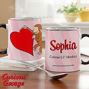 Personalized Curious George Mugs   Valentines Day Heart   Black Handle