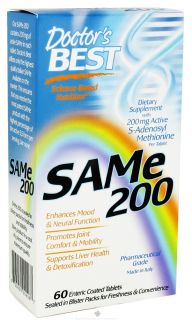 Doctors Best   SAMe Pharmaceutical Grade 200 mg.   60 Enteric Coated Tablets