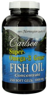 Carlson Labs   Norwegian Super Omega 3 Gems Fish Oil Concentrate 1000 mg.   250 Softgels