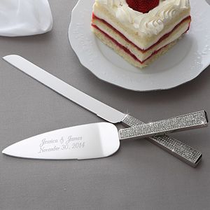 Engraved Wedding Cake Knife & Server Set with Rhinestone Handle