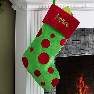 Personalized Christmas Stockings   Green & Red Dots