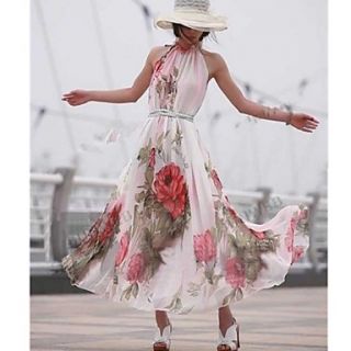 Womens Elegant Floral Pleated Chiffon Maxi Dress