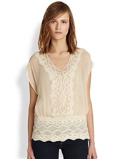 Beyond Vintage Sequined Lace Trimmed Chiffon Top   Ivory/Black