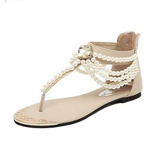 Leatherette Womens Flat Heel Flip Flops Sandals with Imitation Pearl Shoes(More Colors)