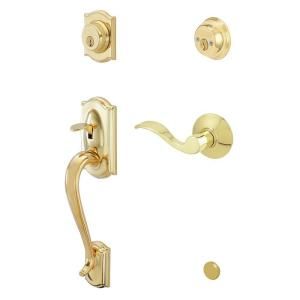 Schlage Camelot Double Cylinder Bright Brass Right Hand Handleset with Accent Interior Lever F62 CAM 505 ACC RH