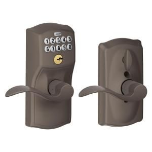 Schlage Camelot Single Cylinder Oil Rubbed Bronze Keypad Entry with Accent Interior Lever FE595 CAM 613 ACC