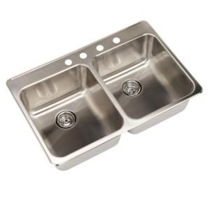 American Standard Prevoir Top Mount Brushed Stainless Steel 33.375x22x9 4 Hole Double Bowl Kitchen Sink 15DB.332284.073