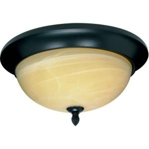 Glomar Vanguard 3 Light 15 in. Outdoor Textured Black Flush Mount with Gold Washed Alabaster Swirl Glass Shade HD 143