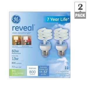 GE Reveal 60W Equivalent Reveal (2500K) Spiral CFL Light Bulb (2 Pack) FLE13HT3/2RVLBX2