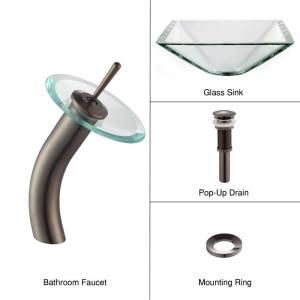 KRAUS Glass Bathroom Sink in Clear Aquamarine with Single Hole 1 Handle Low Arc Waterfall Faucet in Oil Rubbed Bronze C GVS 901 19mm 10ORB