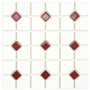 Merola Tile Oxford Matte White with Maroon Dot 11 1/2 in. x 11 1/2 in. Porcelain Mosaic Floor and Wall Tile(9.2 sq. ft./case) FKOOX602
