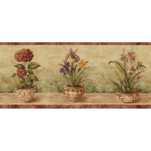 The Wallpaper Company 8 in. x 10 in. Terracotta Potted Floral Border Sample DISCONTINUED WC1284000S