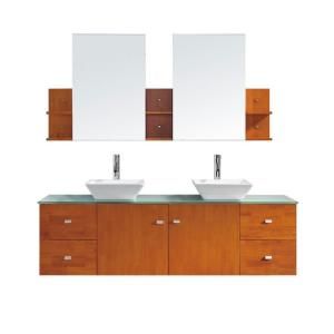 Virtu USA Clarissa 72 in. Double Basin Vanity in Honey Oak with Glass Vanity Top and Mirror in Aqua MD 415 G HO