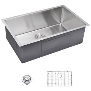 Water Creation Undermount Small Radius Stainless Steel 30x19x10 0 Hole Single Bowl Kitchen Sink with Strainer and Grid in Satin Finish SSSG US 3019B