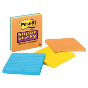 Post It 4 in. x 4 in. Lined Assorted Neon Colors Super Sticky Notes, 1 Pack of 3 Pads 675 3SSAN