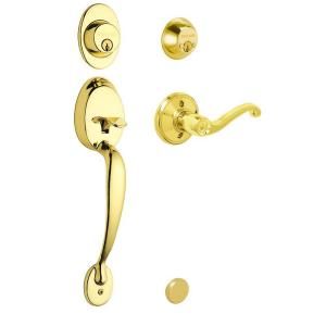 Schlage Plymouth Double Cylinder Bright Brass Right Hand Handleset with Flair Interior Lever F62 PLY 505 FLA RH