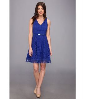 Donna Morgan Eyelet Fit Flare Dress w/ Belt Womens Dress (Blue)