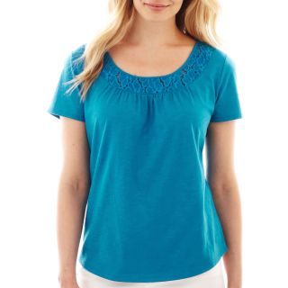 St. Johns Bay Short Sleeve Lace Inset Top   Petite, Blue