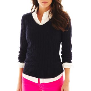 Wool Blend Cable Knit V Neck Sweater   Talls, Darkest Sky, Womens