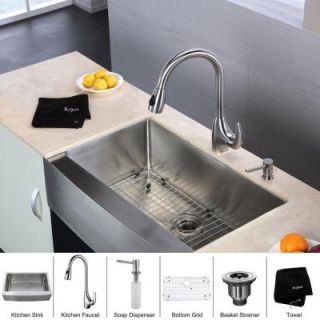 KRAUS All in One Farmhouse Apron 33x20 3/4x10 0 Hole Single Bowl Kitchen Sink with Stainless Steel Kitchen Faucet KHF200 33 KPF2170 SD20