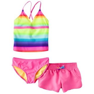 Girls 3 Piece Striped Tankini Swim Top, Bottom and Short Set   Pink S