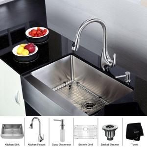 KRAUS All in One Farmhouse Apron 30x20x10 0 Hole Single Bowl Kitchen Sink with Stainless Steel Kitchen Faucet KHF200 30 KPF2170 SD20