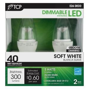 TCP 40W Equivalent Soft White (2700K) B10 Dimmable LED Light Bulb (2 Pack) RLDCT5W27K2