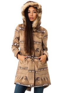 BB Dakota Coat Davina Coyote Fur Trim Patterned in Brown