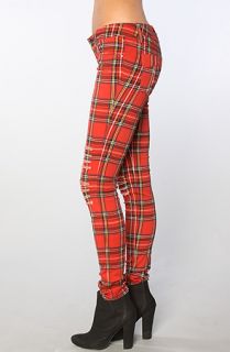 Tripp NYC The Ripped Knee Plaid Skinny Pant in Red Tartan