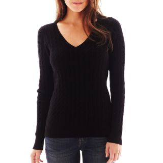 V Neck Cable Knit Sweater   Talls, Black, Womens