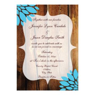 Rustic Country Wood Teal Flower Wedding Invitation