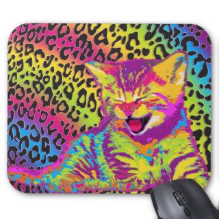 Kitten on rainbow leopard print background mousepads