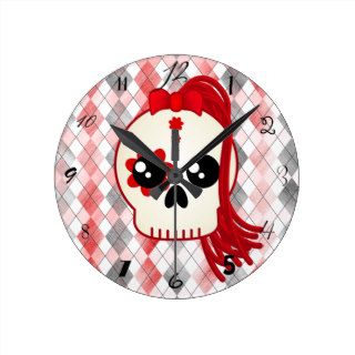 Kawaii Style Cyberpunk Emo Skull on Red Argyle Clock