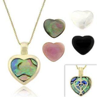 Gold Tone over Sterling Silver Pink, Gray, & White Mother of Pearl, Onyx, & Abalone 5 Stone Heart Filigree Reversible Pendant Set Jewelry