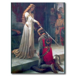 Lady queen knighting knight antique painting post cards