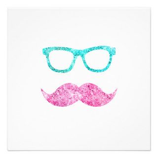 Funny Glitter Pink mustache teal hipster glasses Personalized Invitation