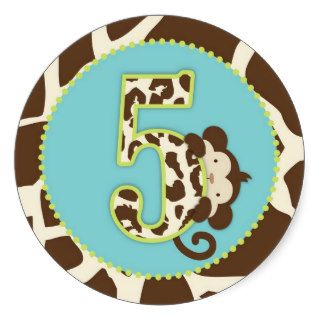 Jungle Monkey Fifth Birthday Cupcake Topper Blue Stickers